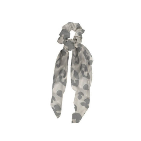 Mary Square Scarf Scrunchie Boho - Set of 4 Animal Print Scrunchies Scarf Hairwraps - Leopard Cheetah Patterns of Back Grey and White