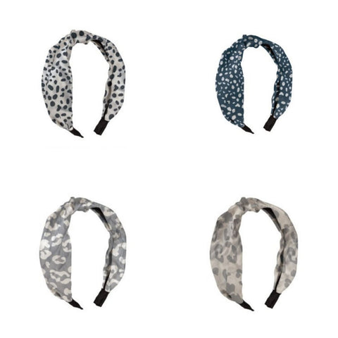 Mary Square Top Knot Hair Band Wide Boho Headband for Women and Girls - Set of 4 Animal Print - Leopard Cheetah Patterns of Back, Navy Grey and White