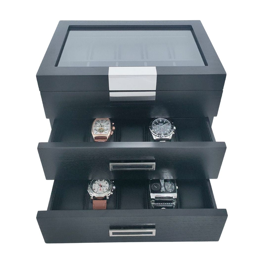 TIMELYBUYS 30-Piece Black Ebony Wood Watch Extra Height Clearance Display Case and 3 Drawer Storage Organizer Box