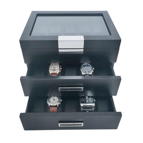30-Piece Black Ebony Wood Watch Extra Height Clearance Display Case and 3 Drawer Storage Organizer Box