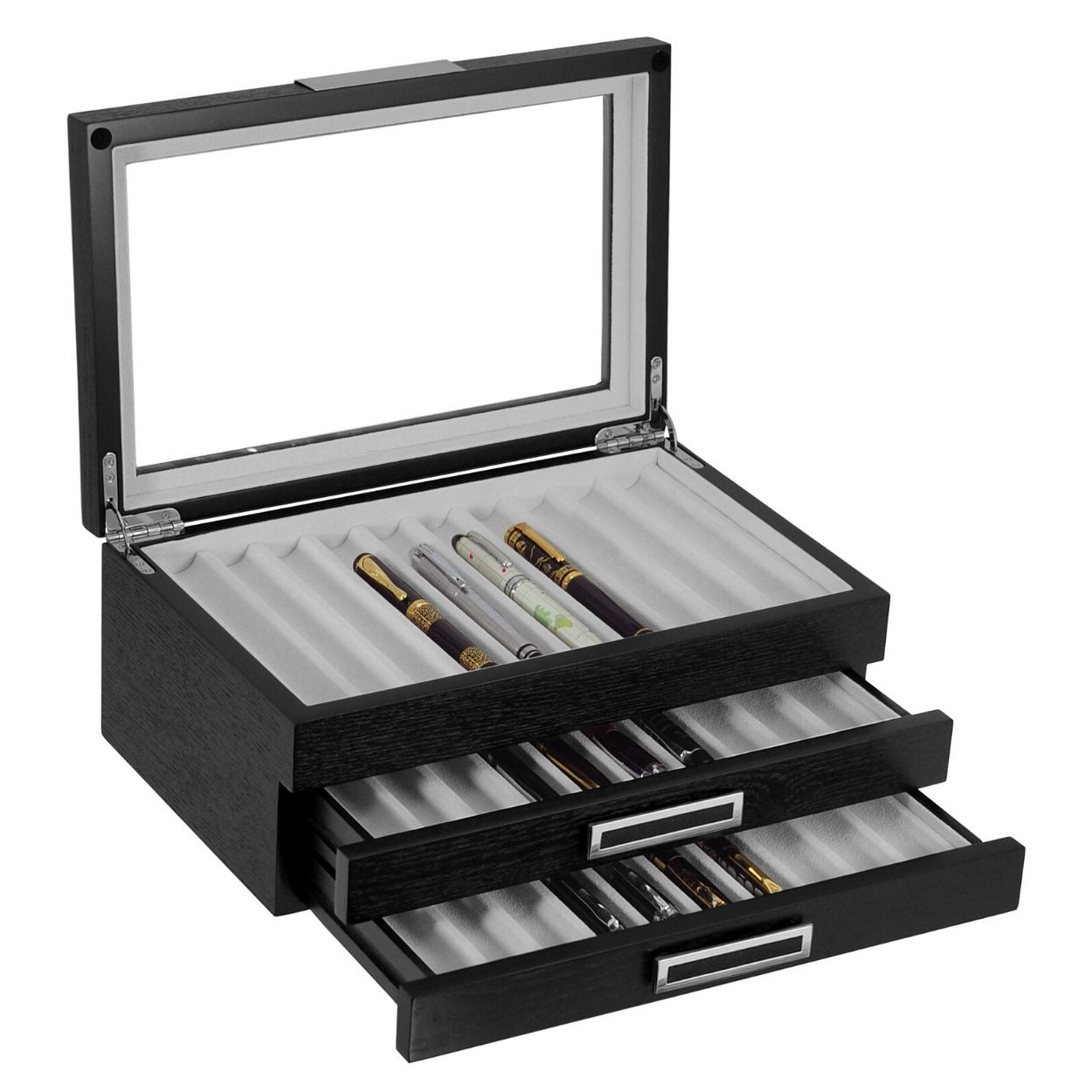 TIMELYBUYS 30 Piece Black Ebony Wood Pen Display Case Storage and Fountain Pen Collector Large Organizer Box with Glass Window Three Level Display