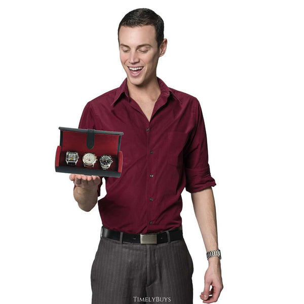 3 Watch Roll Black Saffiano Travel Watch Bracelet Case