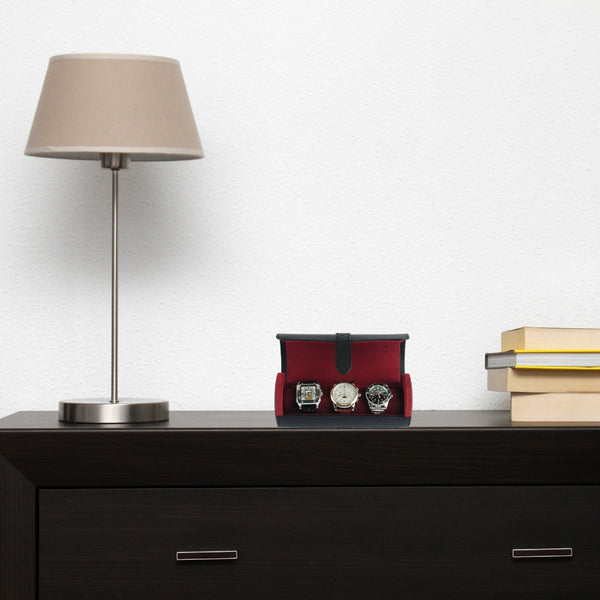 3 Watch Roll Black Saffiano Travel Watch Bracelet Case