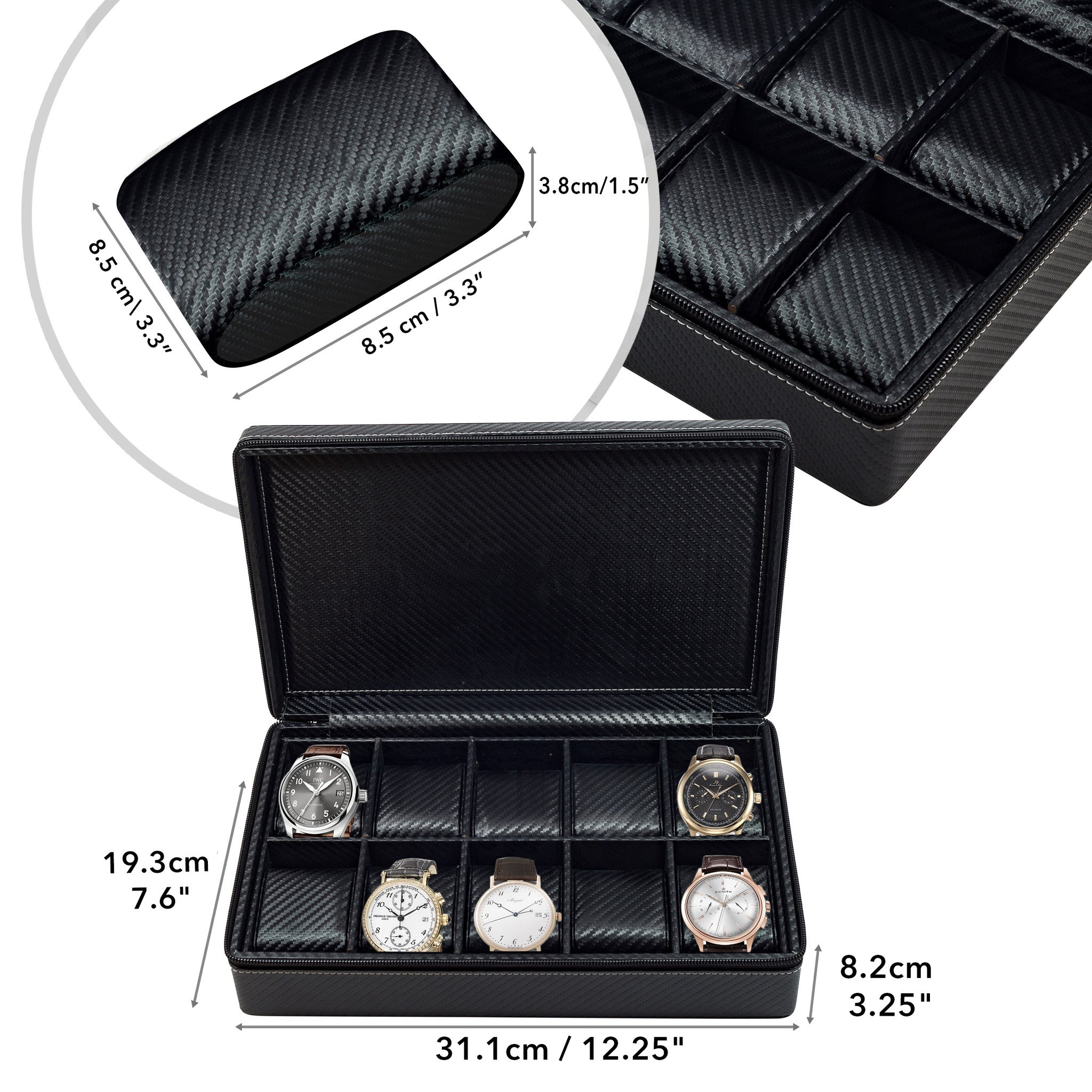 TIMELYBUYS Tie Display Case for 12 Ties, Belts, and Men's Accessories Black Carbon Fiber Storage Box