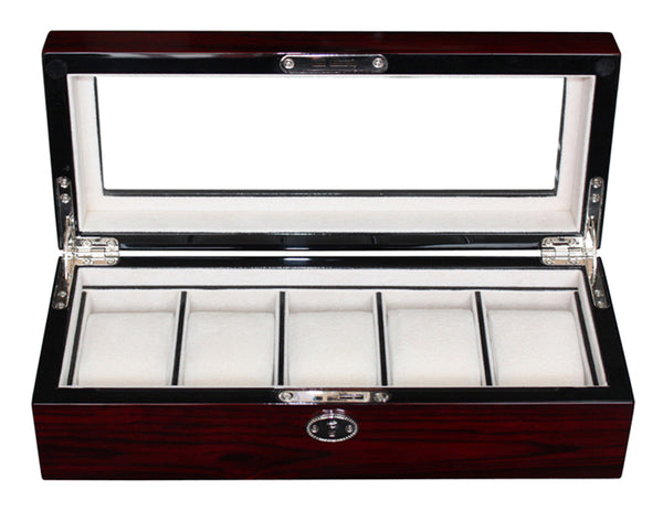 Personalized 5 Watch Cherry Lacquer Wood Watch Display Case and Storage Organizer Box