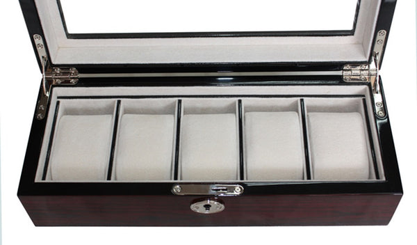 Personalized 5 Watch Cherry Lacquer Wood Watch Display Case and Storage Organizer Box