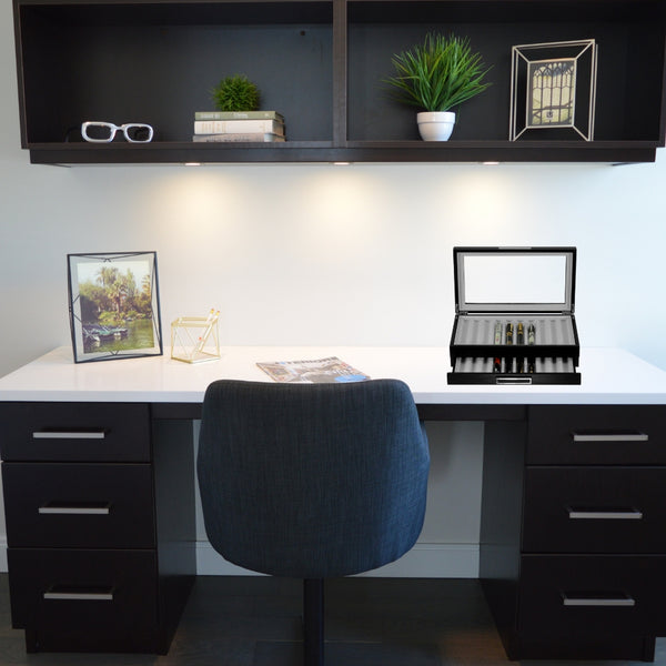 20 Piece Black Ebony Wood Two Level Pen Display Case Organizer Box