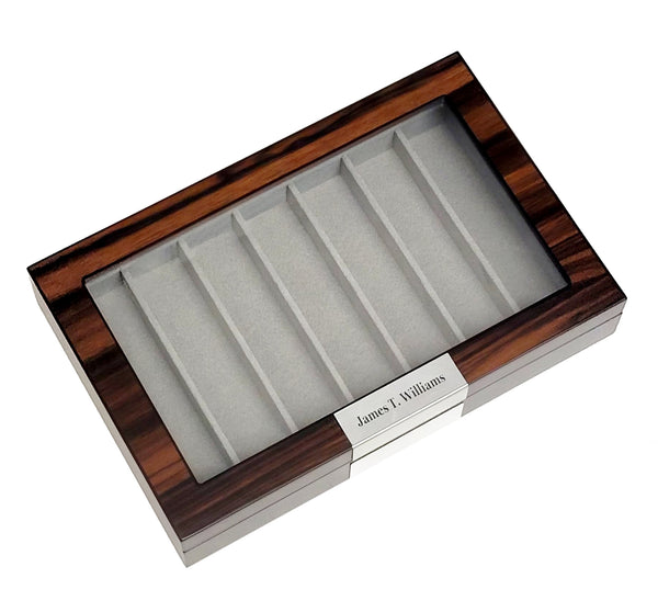 Personalized Walnut Wood Watch Band Storage Display Case with Glass Top and Stainless Steel Accents
