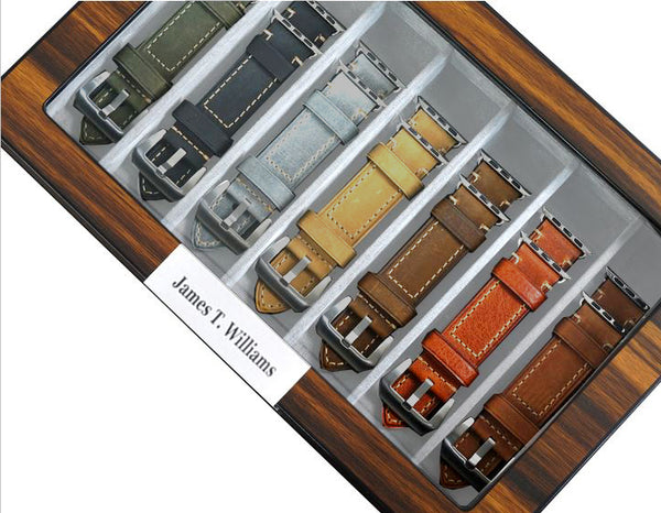 Personalized Walnut Wood Watch Band Storage Display Case with Glass Top and Stainless Steel Accents