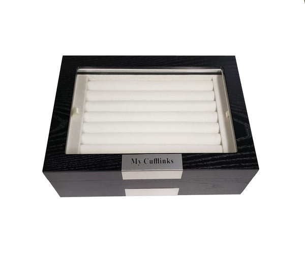 Ebony Wood Personalized  72 Cufflink Case & Ring Storage Organizer Stainless Engravable Jewelry Box