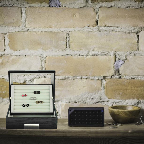 Ebony Wood Personalized  72 Cufflink Case & Ring Storage Organizer Stainless Engravable Jewelry Box