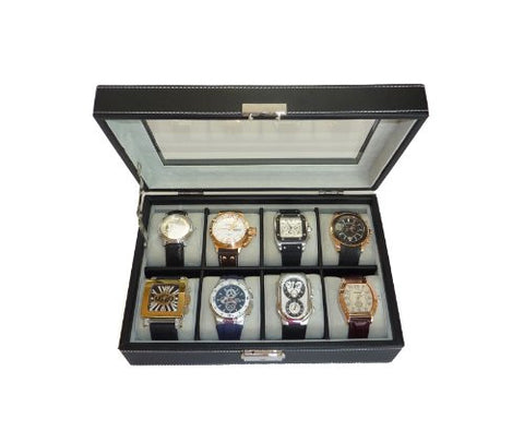 TIMELYBUYS 12 Piece Chocolate Brown Leatherette Men's Watch Box Display Case Collection Jewelry Box Storage Glass Top WatchCa