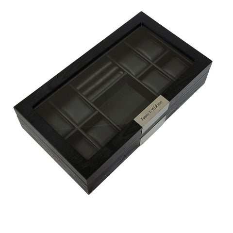 Personalized 8 Ebony Black Wood Watch Box Display Cufflink Case Storage Jewelry Organizer with Glass Top, Stainless Steel Accents