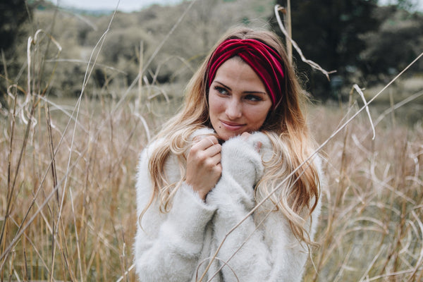 Banded Twist Knot Velvet Headwrap Red Claret Boho Winter Headband