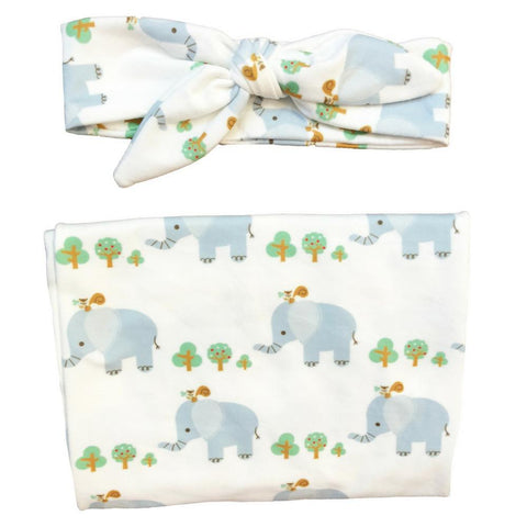 Headbands of Hope Baby Swaddle Blanket and Infant Headband Matching Set in Grey Elephant Pattern