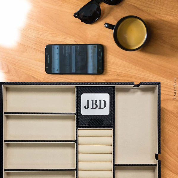 Personalized Black Carbon Valet Tray Glasses Case Phone Organizer Desk Dresser Drawer Coin Case Charging Station