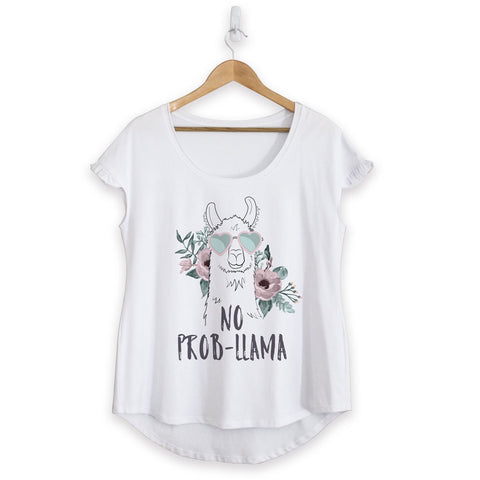 Faceplant Dreams"No Probllama" White Cotton Ruffle Tee Shirt Llama Print Design