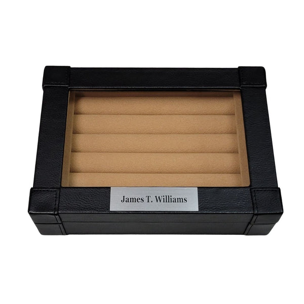 Black Leatherette Personalized Cufflink Case & Ring Storage Organizer Stainless Engravable Jewelry Box