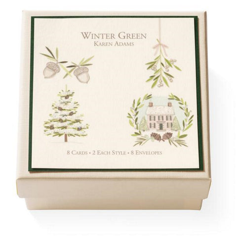 Karen Adams Gift Enclosure Box "Winter Green" 8 Assorted Cards with Vellum Envelopes