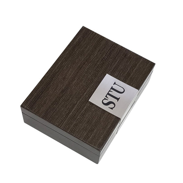 Personalized Grey Ginko Lacquered Wood Watch Cufflink Case & Ring