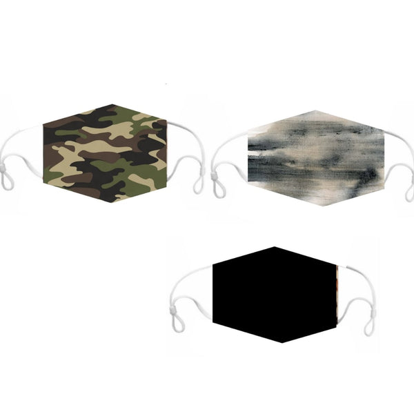 Headbands of Hope Set of 3 Fashion Cloth Face Mask - Camo, Stormy Grey, Solid Black