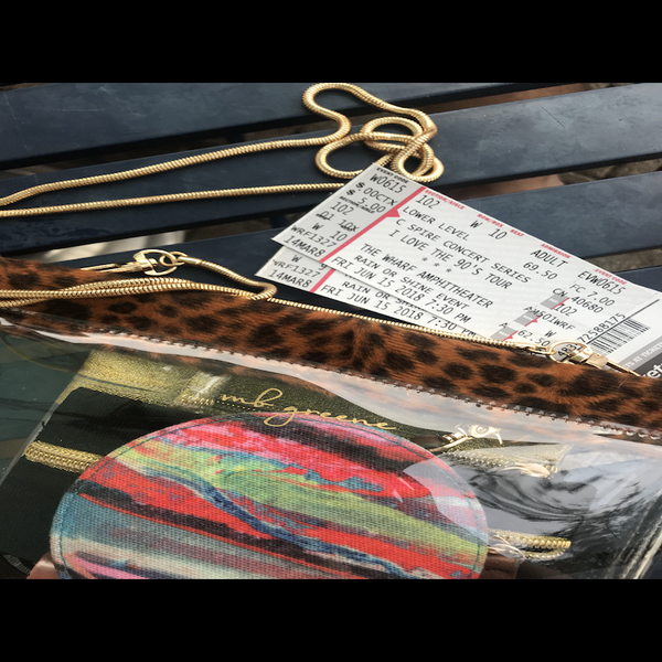 MB Greene Designer Clear Stadium Approved Hinged Purse Leopard Trim Cross Body Bag with Chain for Concerts and Sporting Events
