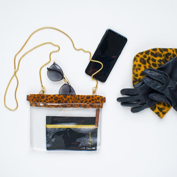 MB Greene Designer Clear Stadium Approved Hinged Purse Leopard Trim Cross Body Bag with Chain for Concerts and Sporting Events