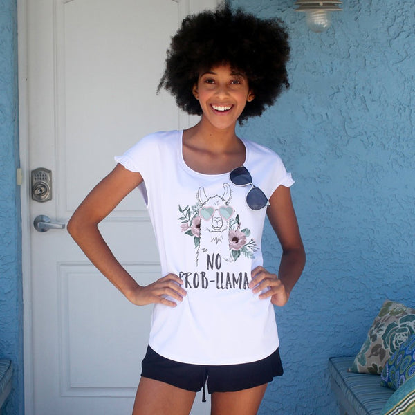 Faceplant Dreams"No Probllama" White Cotton Ruffle Tee Shirt Llama Print Design