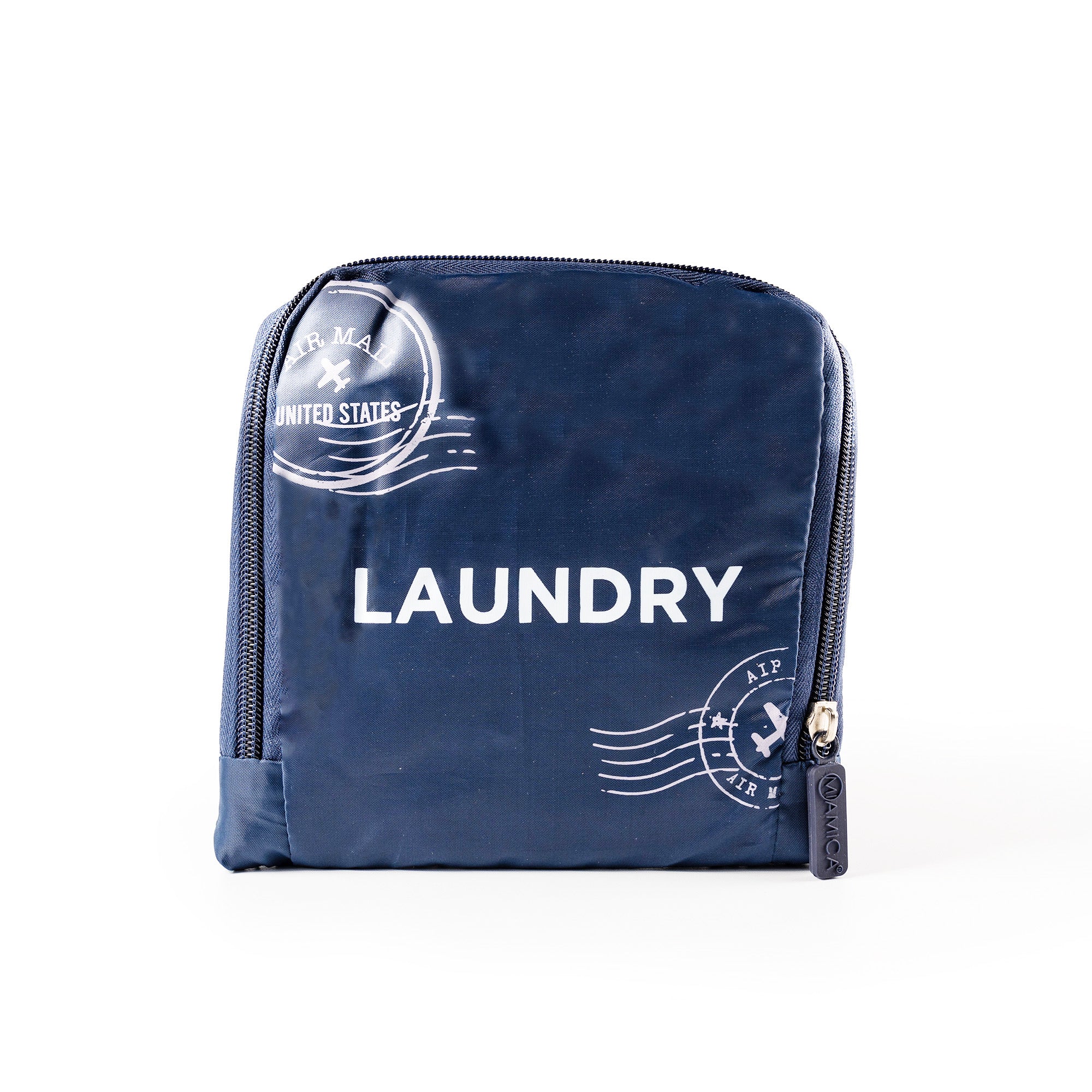 Miamica Navy Stamp Print Travel Expandable Laundry Bag Drawstring