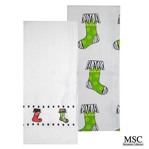 Mainstreet Collection White and Green Zebra Print Holiday Stocking 100% Cotton Dish Towel Set of Two