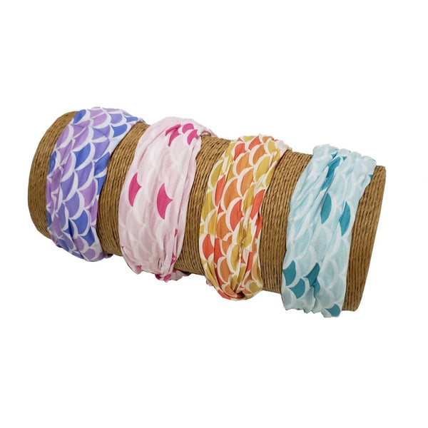 Bamboo Trading Company Boho Wide Headbands - Set of 4 Mermaid Print Headwraps - 16”L x 9”W - Blue, Pink, Purple, Yellow