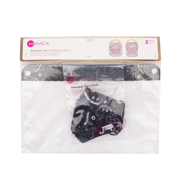Miamica 2 Piece Coordinating Reusable Face Shield & Face Mask - Black Bandana