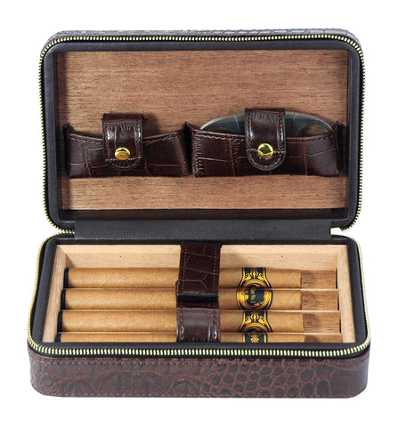 4 Cigar Cedar Wood Lined Portable Travel Case - Brown Crocodile Leather
