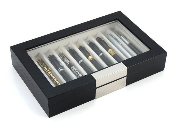 10 Piece Personalized Ebony Wood Fountain Pen Display Case Stainless Steel Accent
