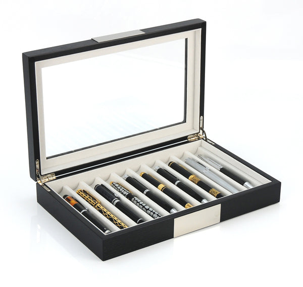 10 Piece Personalized Ebony Wood Fountain Pen Display Case Stainless Steel Accent