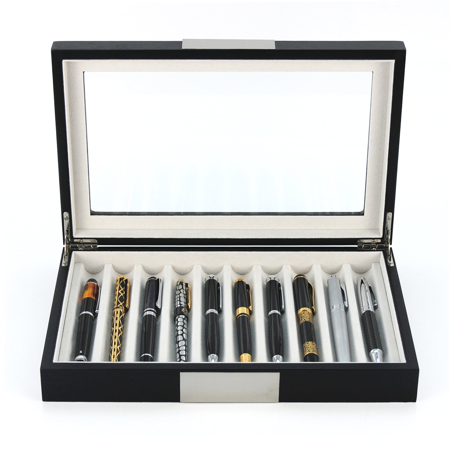 TIMELYBUYS 10 Piece Black Ebony Wood Pen Display Case Storage and Fountain Pen Collector Large Organizer Box with Glass Window Display Case