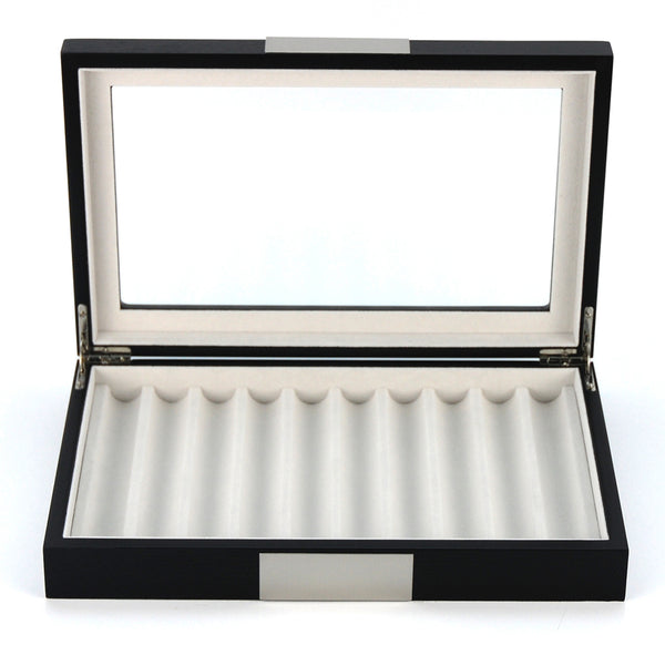 10 Piece Personalized Ebony Wood Fountain Pen Display Case Stainless Steel Accent