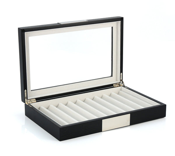 10 Piece Personalized Ebony Wood Fountain Pen Display Case Stainless Steel Accent