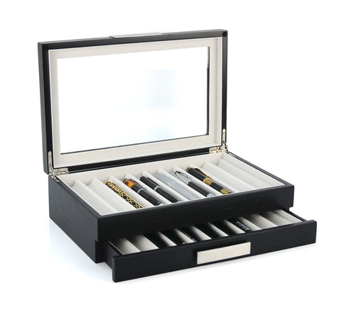 20 Piece Black Ebony Wood Pen Display Case Storage and Fountain Pen Collector Organizer Box with Glass Window Two Level Display Case with Drawer