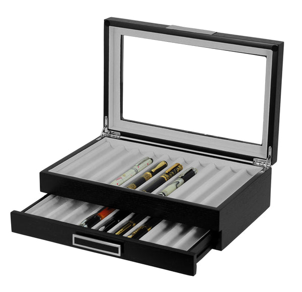 20 Piece Black Ebony Wood Two Level Pen Display Case Organizer Box