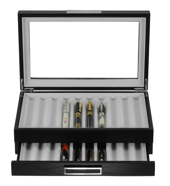 20 Piece Black Ebony Wood Two Level Pen Display Case Organizer Box