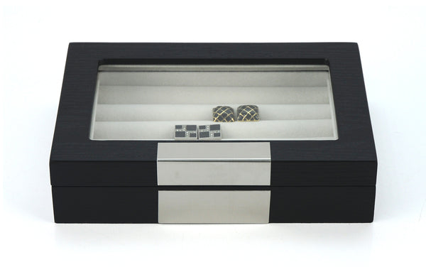 Ebony Wood Personalized  20 Cufflink Case & Ring Storage Organizer Stainless Engravable Jewelry Box