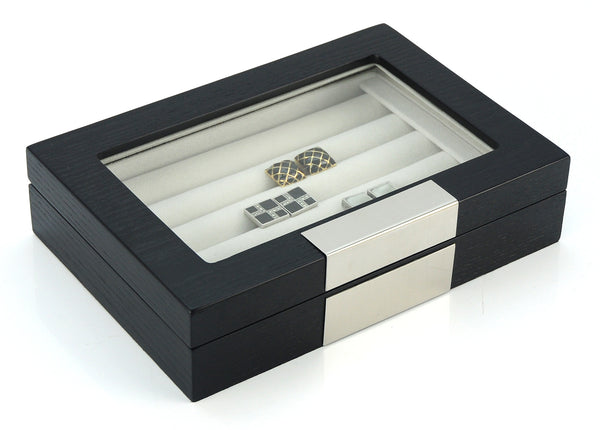 Ebony Wood Personalized  20 Cufflink Case & Ring Storage Organizer Stainless Engravable Jewelry Box