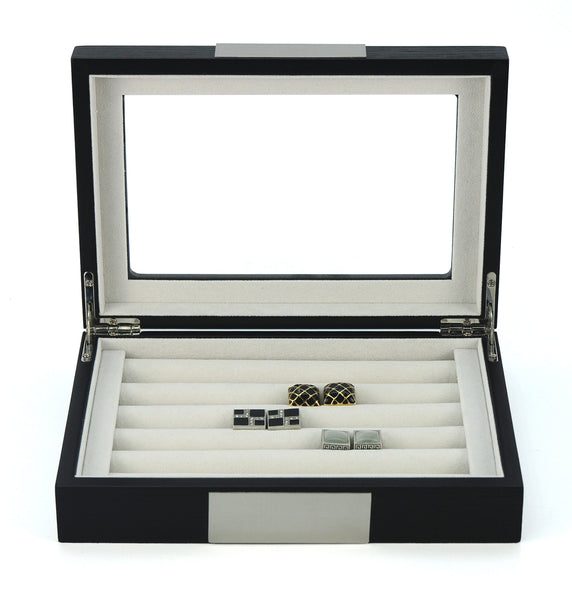 Ebony Wood Personalized  20 Cufflink Case & Ring Storage Organizer Stainless Engravable Jewelry Box