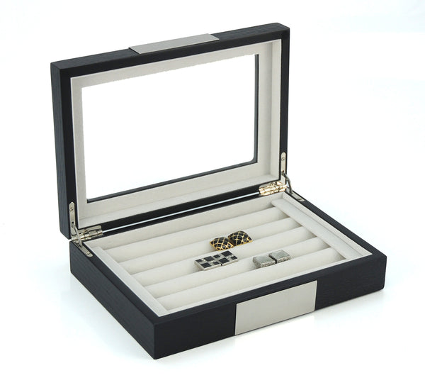 Ebony Wood Personalized  20 Cufflink Case & Ring Storage Organizer Stainless Engravable Jewelry Box