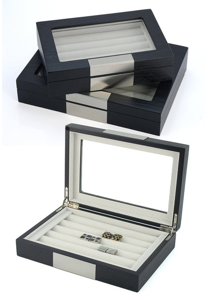 Black Ebony Wood Cufflink Case & Ring Storage Organizer with Stainless Steel Engravable Design Accent Men's Jewelry Box for 20 Cufflinks