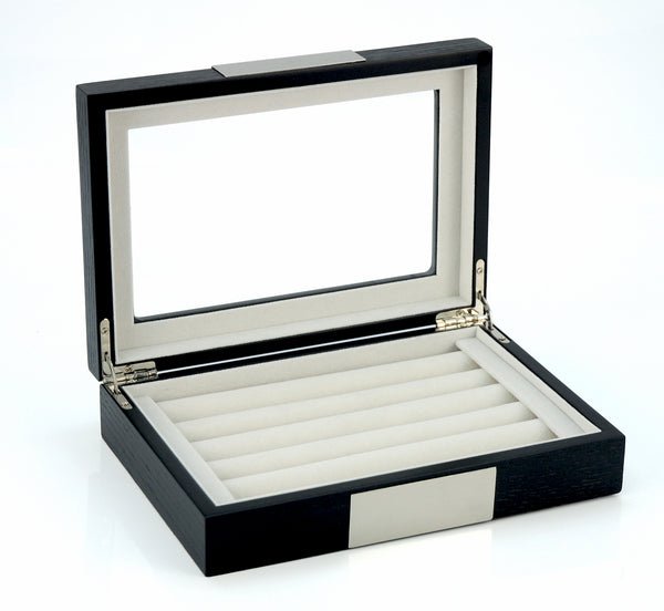 Ebony Wood Personalized  20 Cufflink Case & Ring Storage Organizer Stainless Engravable Jewelry Box