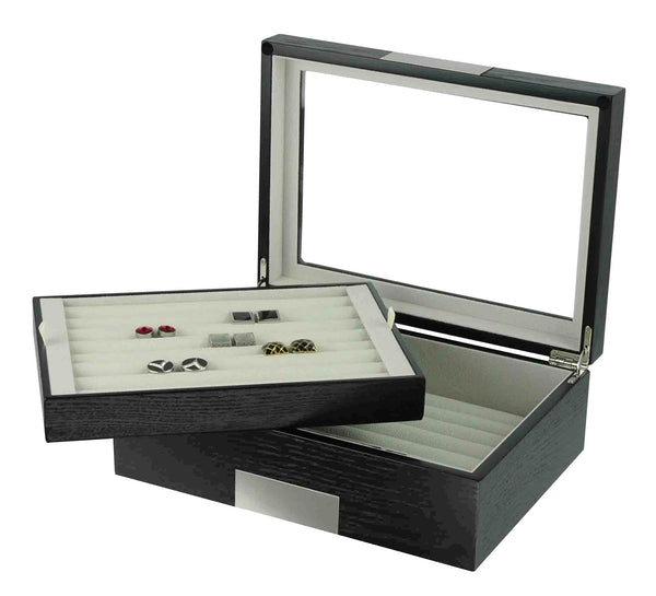 Ebony Wood Personalized  72 Cufflink Case & Ring Storage Organizer Stainless Engravable Jewelry Box