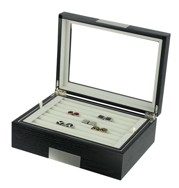 Ebony Wood Personalized  72 Cufflink Case & Ring Storage Organizer Stainless Engravable Jewelry Box