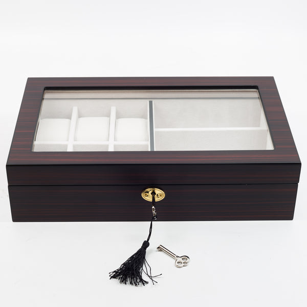 Personalized 6 Watch and 3 Eyeglass Ebony Walnut Wood Storage Display Case